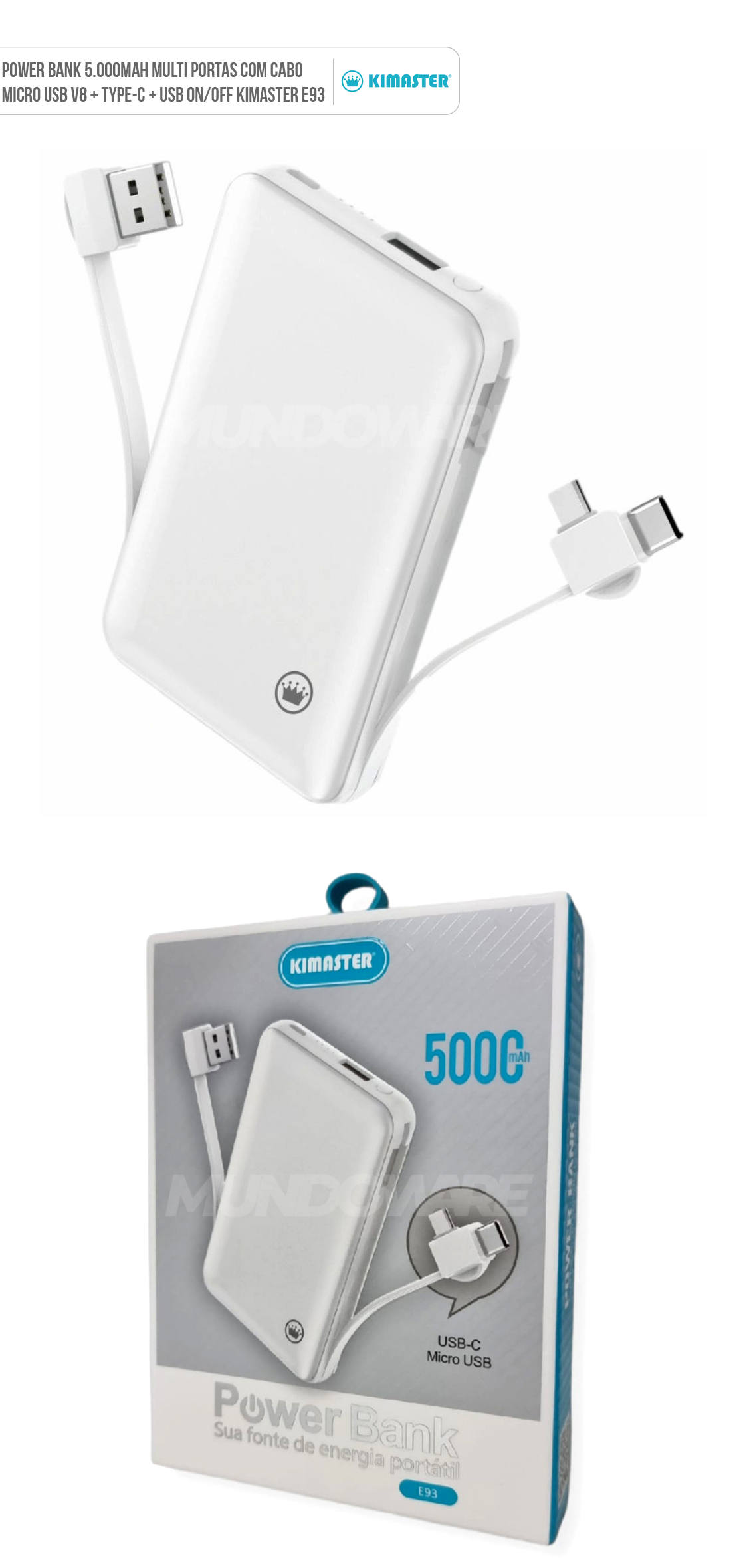Power Bank Carregador Portátil 5000 mAh Cabo Removível USB-C/Micro USB/USB Kimaster E93