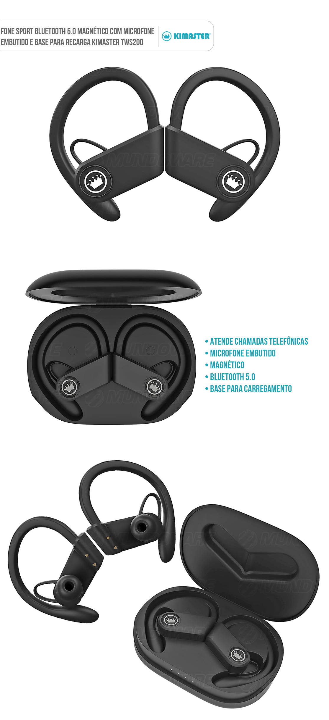 Fone de Ouvido Esportivo Bluetooth 5.0 com Base para Recarga e Microfone para Atender Chamadas Kimaster TWS200