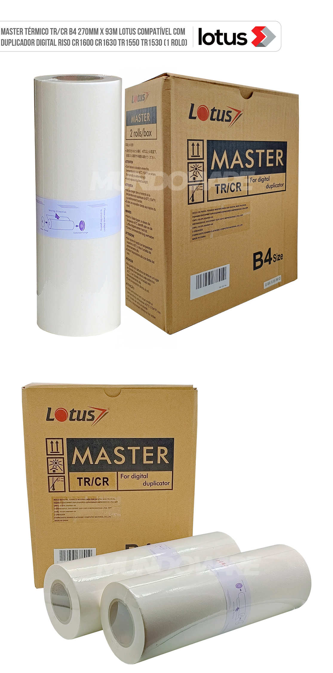 Master Térmico TR / CR B4 270mm x 93m Lotus Compatível com Duplicador Digital Riso CR1600 CR1630 TR1550 TR1530 (1 Rolo) Master Térmico TR/CR B4 270mm x 93m Lotus Compatível com Duplicador Digital Riso CR1600 CR1630 TR1550 TR1530 (1 Rolo)