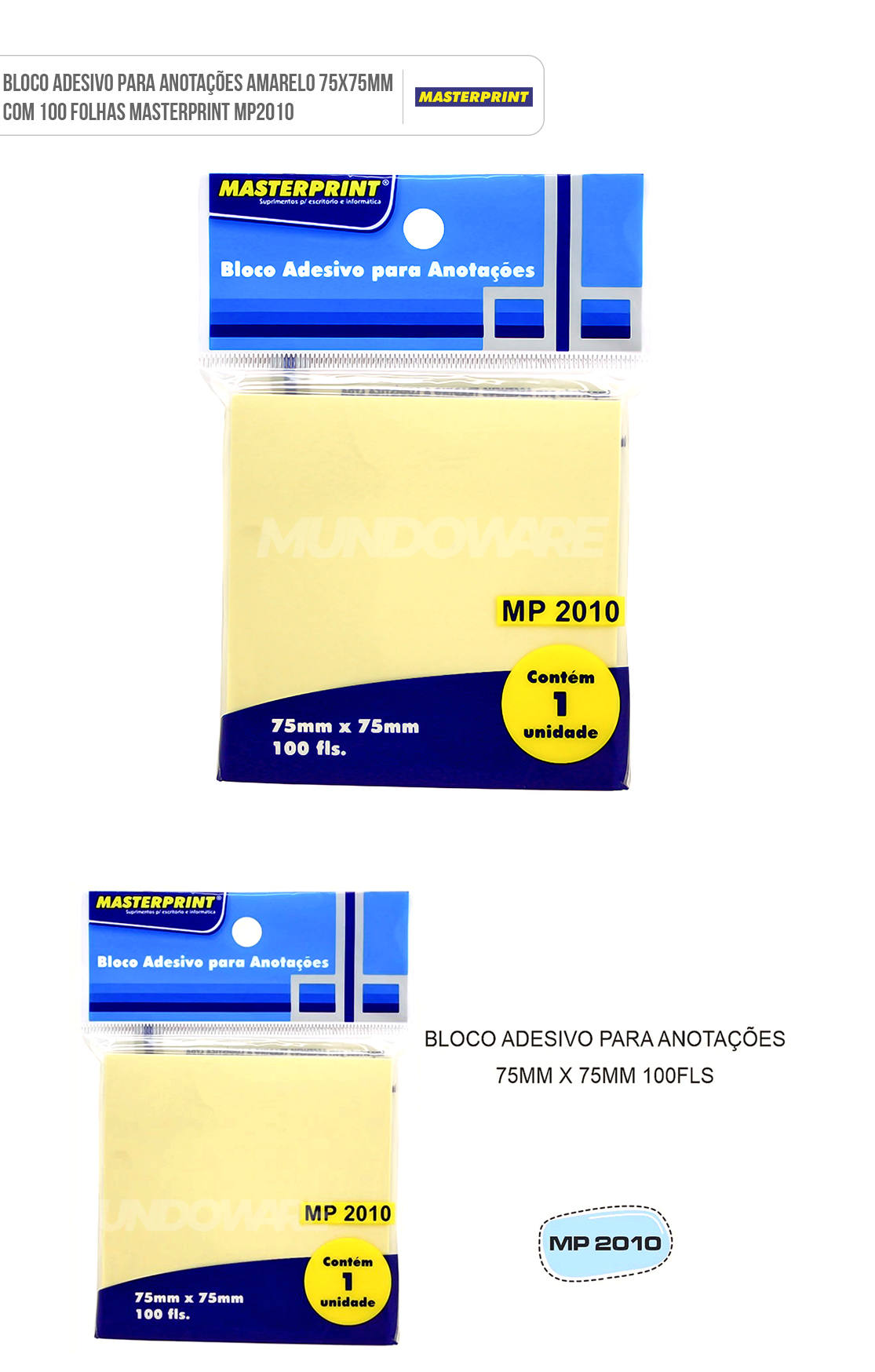 Bloco Adesivo para Anotações Amarelo 75x75mm com 100 Folhas Masterprint MP2010