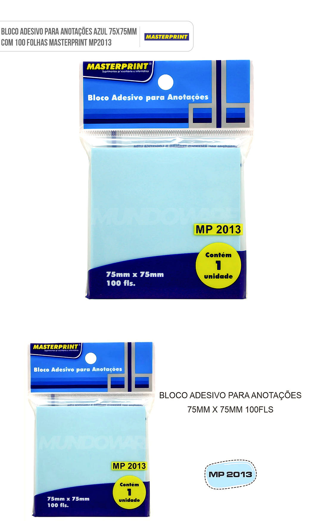 Bloco Adesivo para Anotações Azul 75x75mm com 100 Folhas Masterprint MP2013