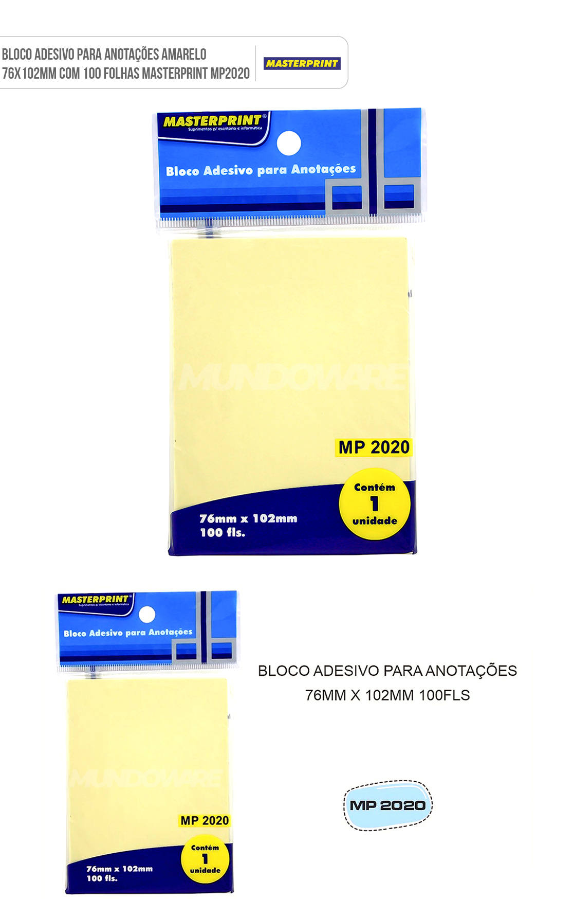 Bloco Adesivo para Anotações Amarelo 76x102mm com 100 Folhas Masterprint MP2020