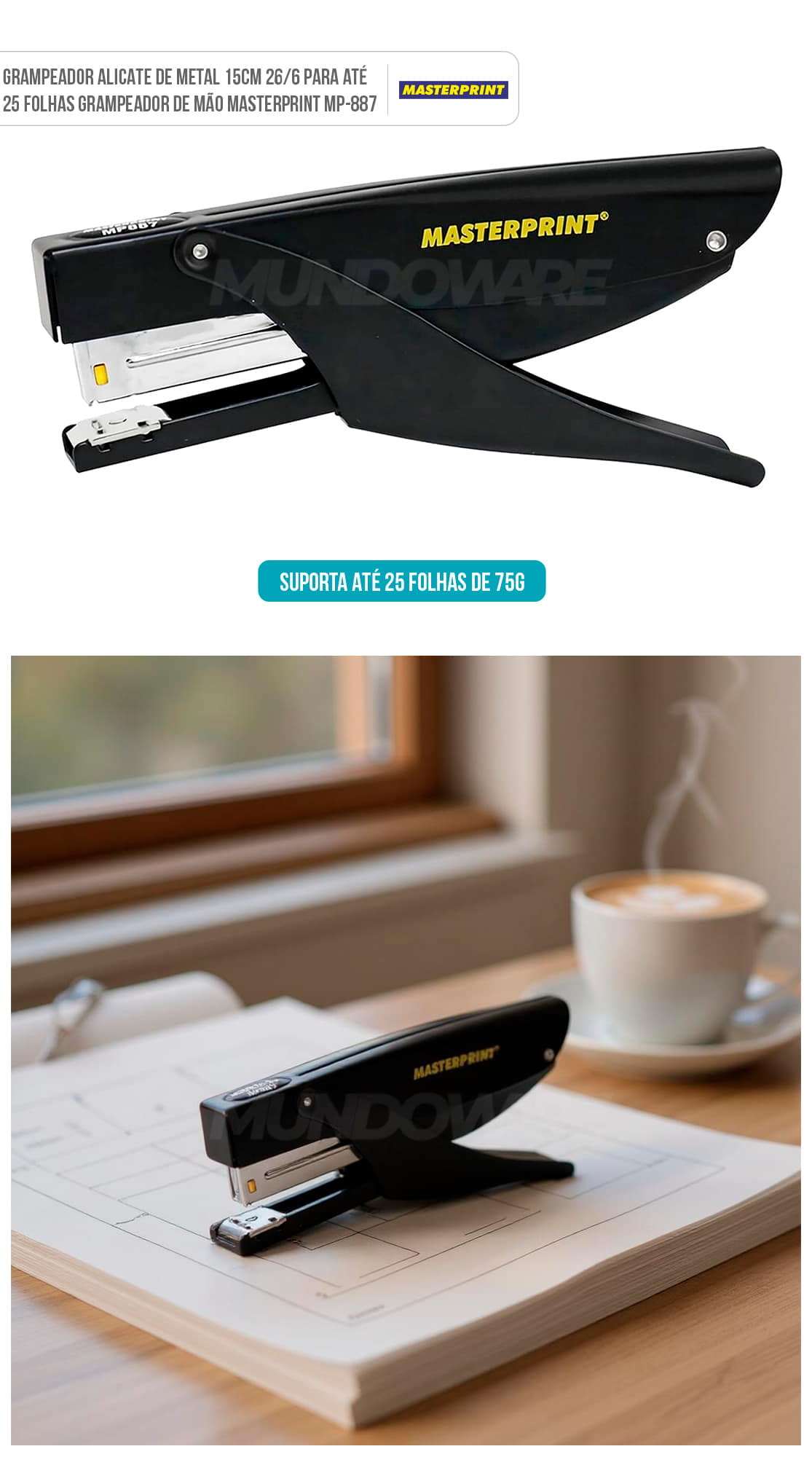Grampeador Alicate de Metal 15cm 26/6 para até 25 Folhas Grampeador de Mão Masterprint MP887 Grampeador Alicate de Metal 15cm 26/6 para até 25 Folhas Grampeador de Mão Masterprint MP-887