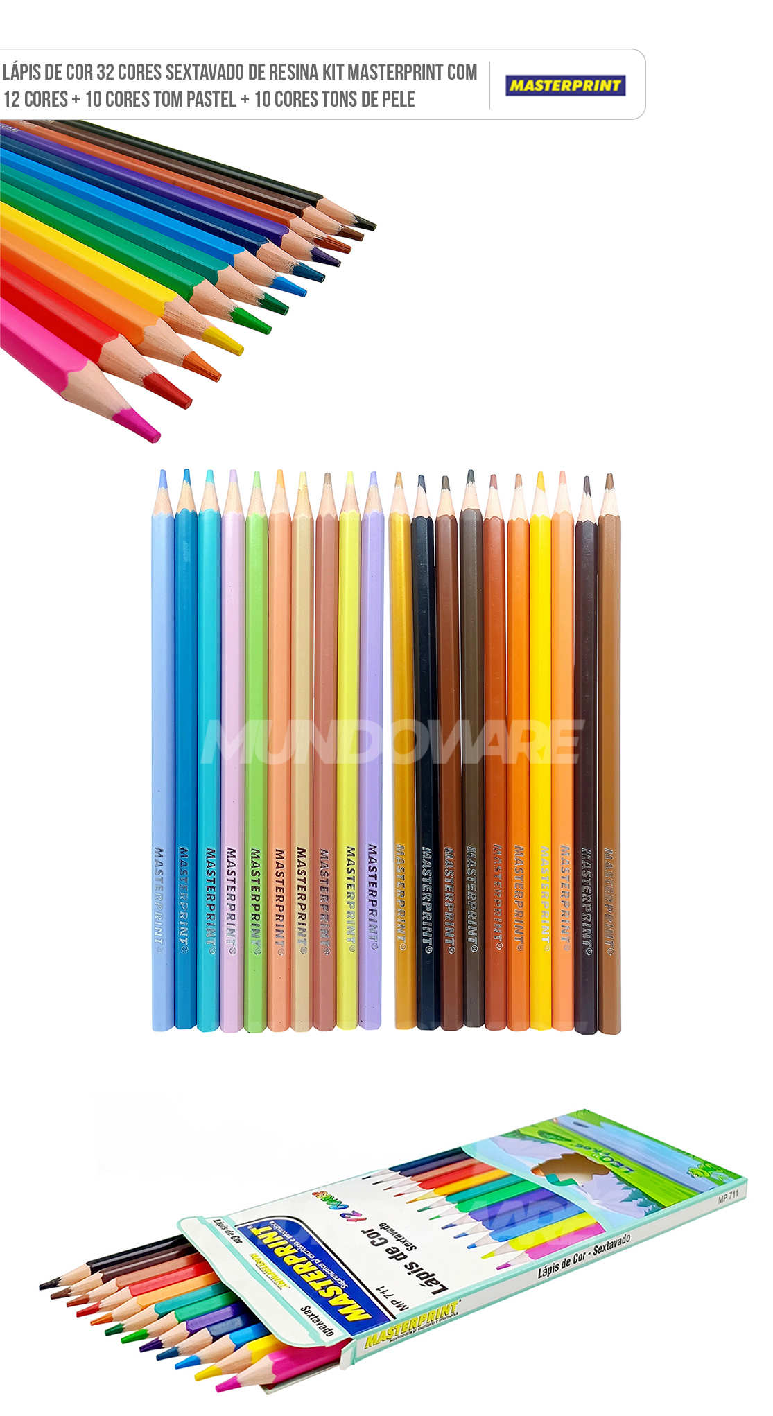 Lápis Colorido com 32 Cores Sextavado de Resina Kit Masterprint com 12 Cores + 10 Cores Tom Pastel + 10 Cores Tons de Pele Lápis de Cor 32 Cores Sextavado de Resina Kit Masterprint com 12 Cores + 10 Cores Tom Pastel + 10 Cores Tons de Pele