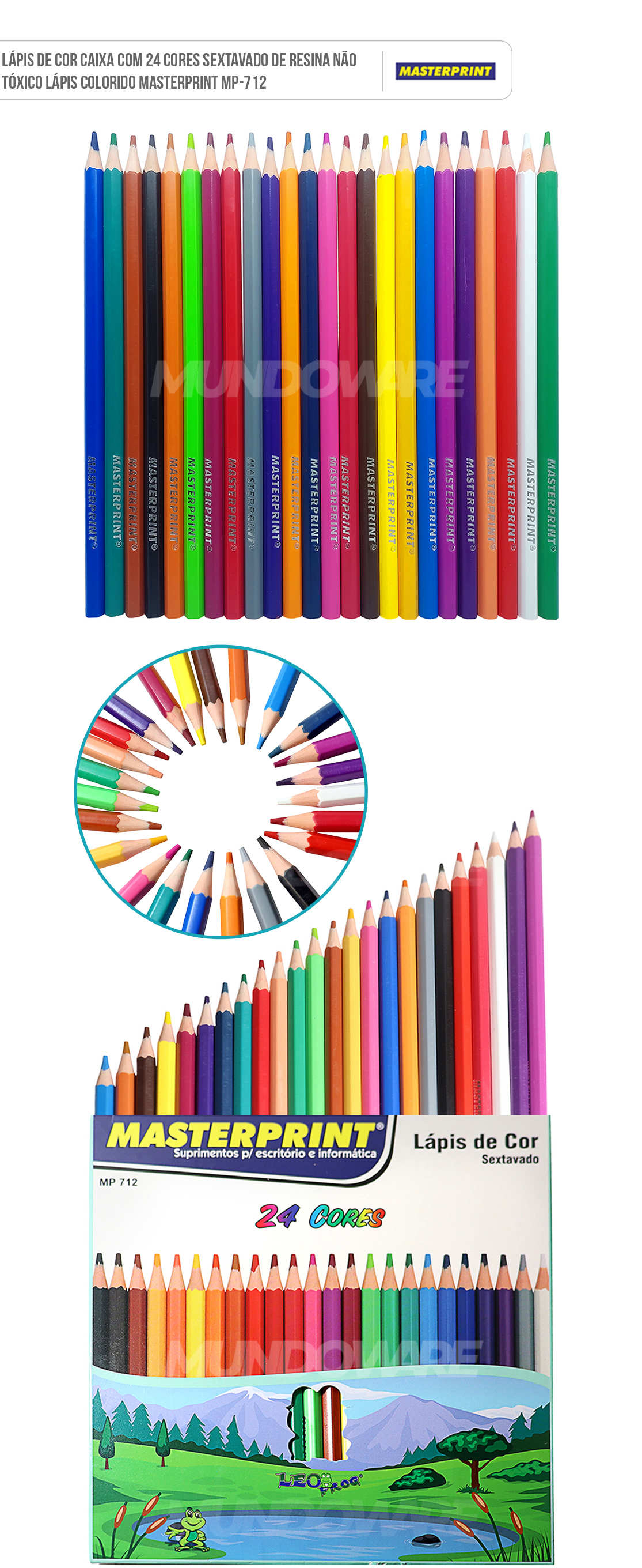 Lápis de Cor 24 Cores Sextavado de Resina Não Tóxico Masterprint MP712 Lápis de Cor Caixa com 24 Cores Sextavado de Resina Não Tóxico Masterprint MP-712