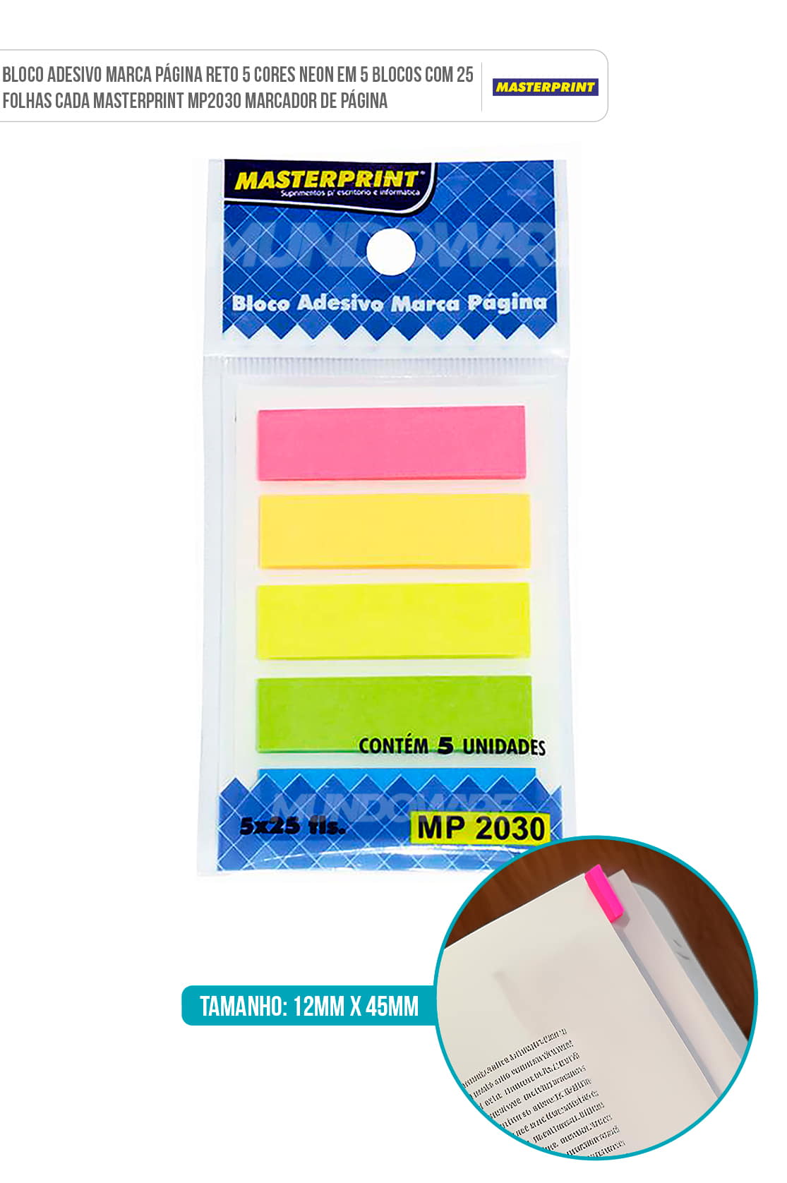 Bloco Adesivo Marca Página Reto 5 Cores Neon em 5 Blocos com 25 Folhas cada Masterprint MP2030 Marcador de Página