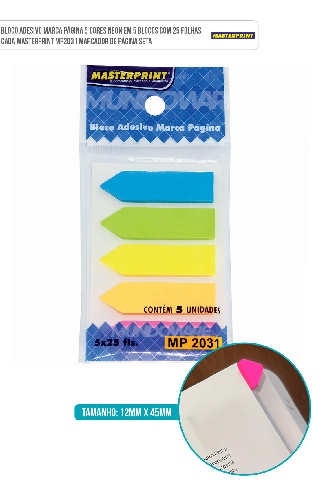 Bloco Adesivo Marca Página 5 Cores Neon em 5 Blocos com 25 Folhas cada Masterprint MP2031 Marcador de Página Seta