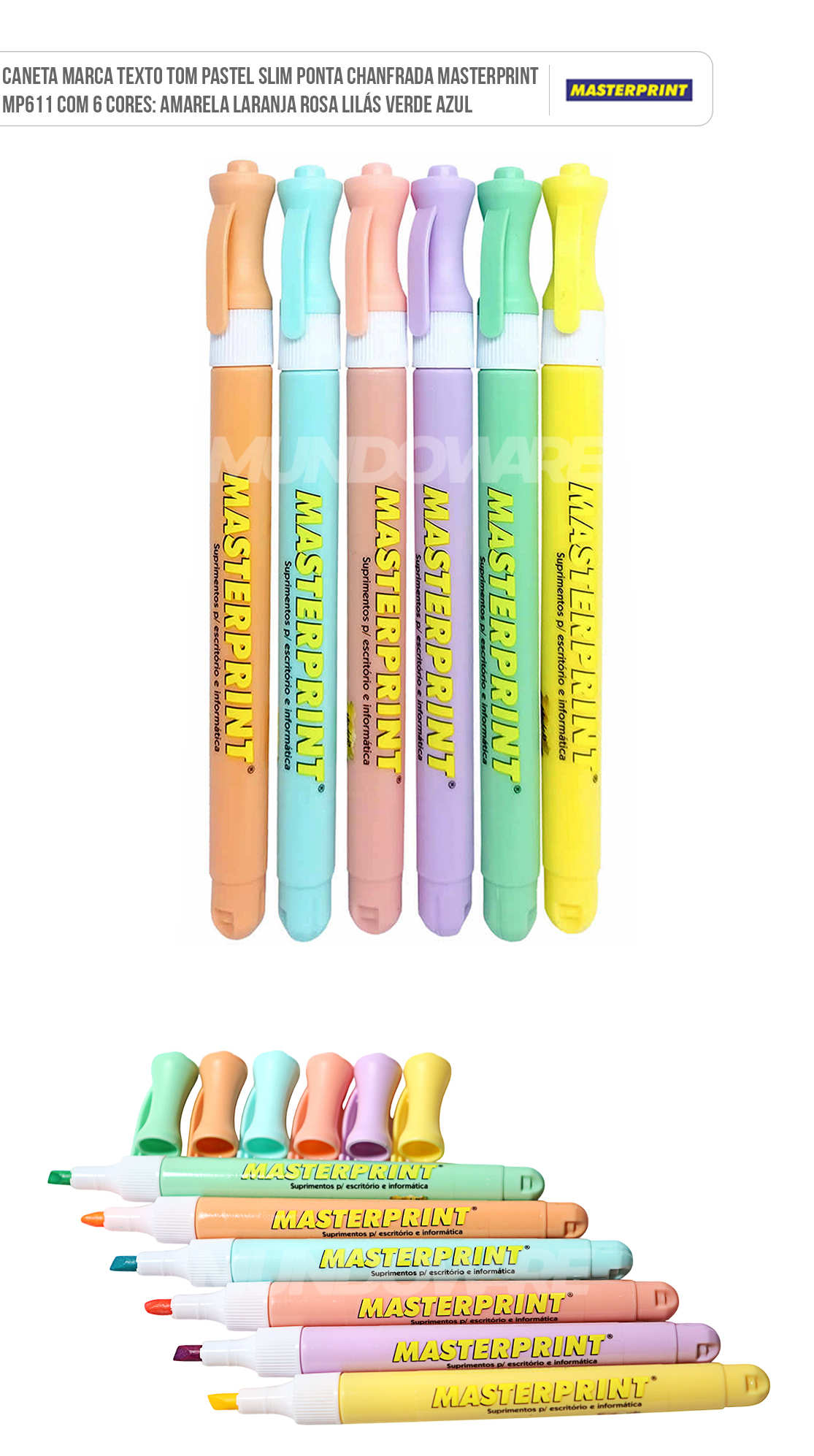 Caneta Marca Texto Tom Pastel Ponta Chanfrada Masterprint MP611 Slim com 6 Cores: Amarela Laranja Rosa Lilás Verde Azul Marca Texto Tom Pastel Ponta Chanfrada Masterprint MP-611 Slim com 6 Cores: Amarela Laranja Rosa Lilás Verde Azul