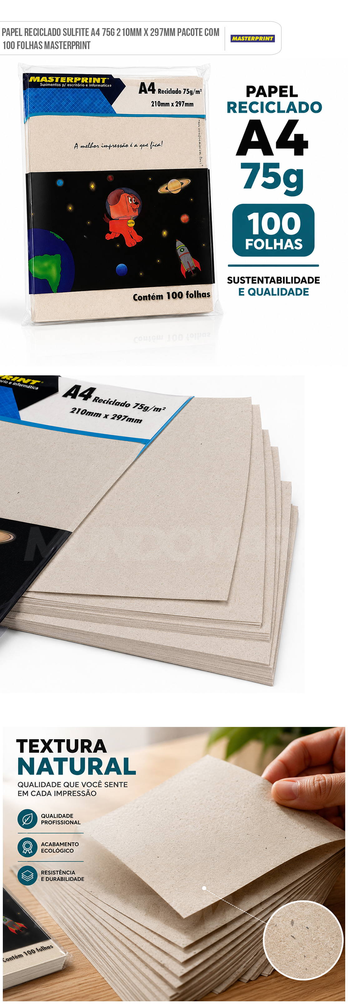 Papel Reciclado Sulfite A4 75g 210x297mm Pacote com 100 Folhas Masterprint