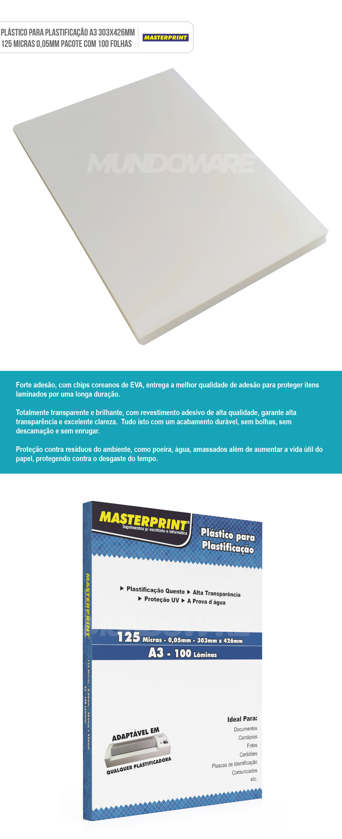 Plstico para Plastificao A3 303x426mm 125 micras 0,05mm Polaseal Masterprint Pacote com 100 folhas