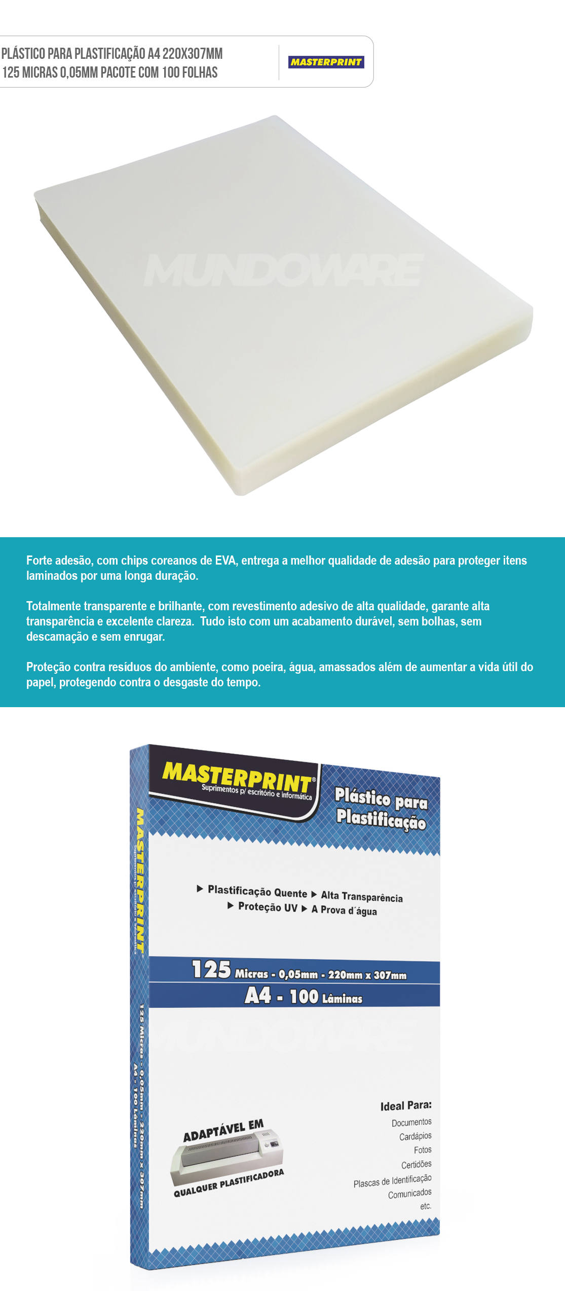 Plástico para Plastificação A4 220x307mm 125 micras 0,05mm Polaseal Masterprint Pacote com 100 folhas