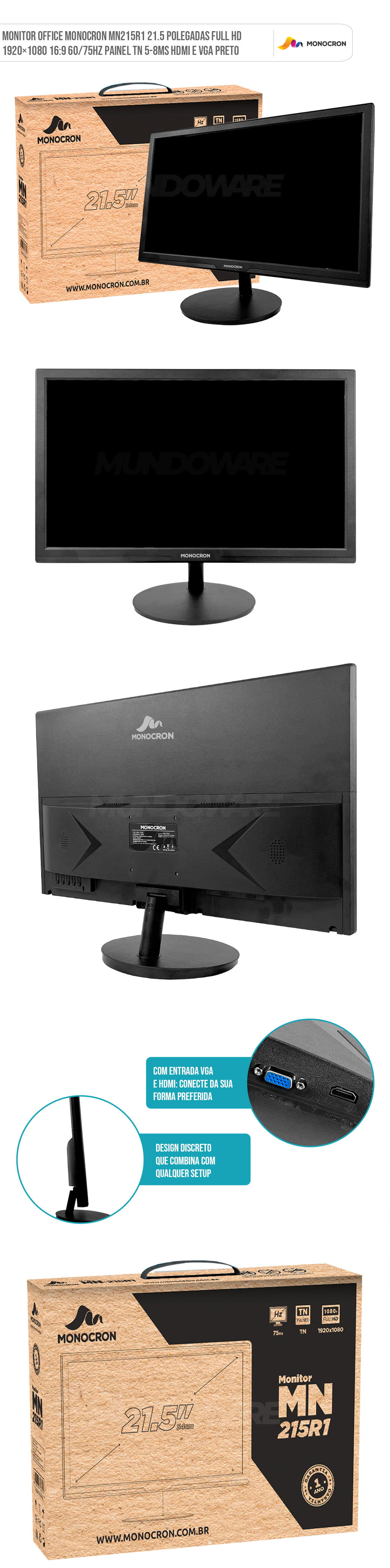 Monitor Office Monocron MN215R1 21.5 Polegadas Full HD 1920×1080 16:9 60/75Hz Painel TN 5-8ms HDMI e VGA Preto Monitor Office Monocron MN215R1 21.5 Polegadas Full HD 1920×1080 16:9 60/75Hz Painel TN 5-8ms HDMI e VGA Preto