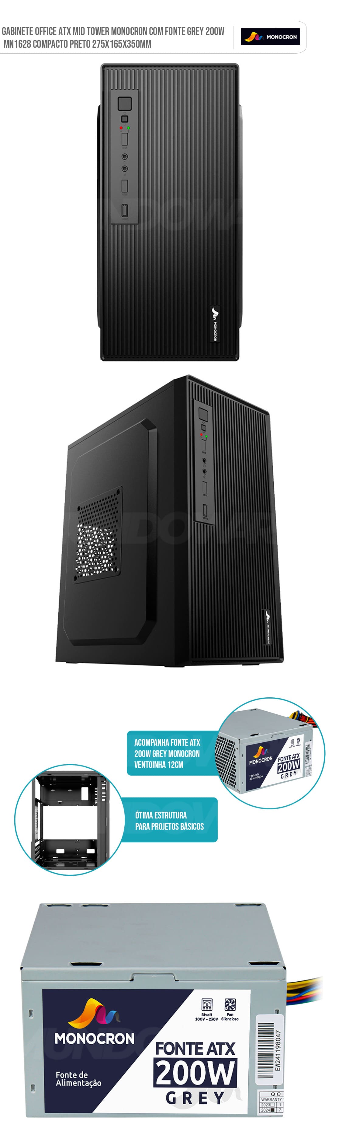 Gabinete Office ATX Mid Tower Monocron Com Fonte Grey 200W MN1628 Compacto Preto 275x165x350mm Gabinete Office ATX Mid Tower Monocron Com Fonte Grey 200W MN1628 Compacto Preto 275x165x350mm