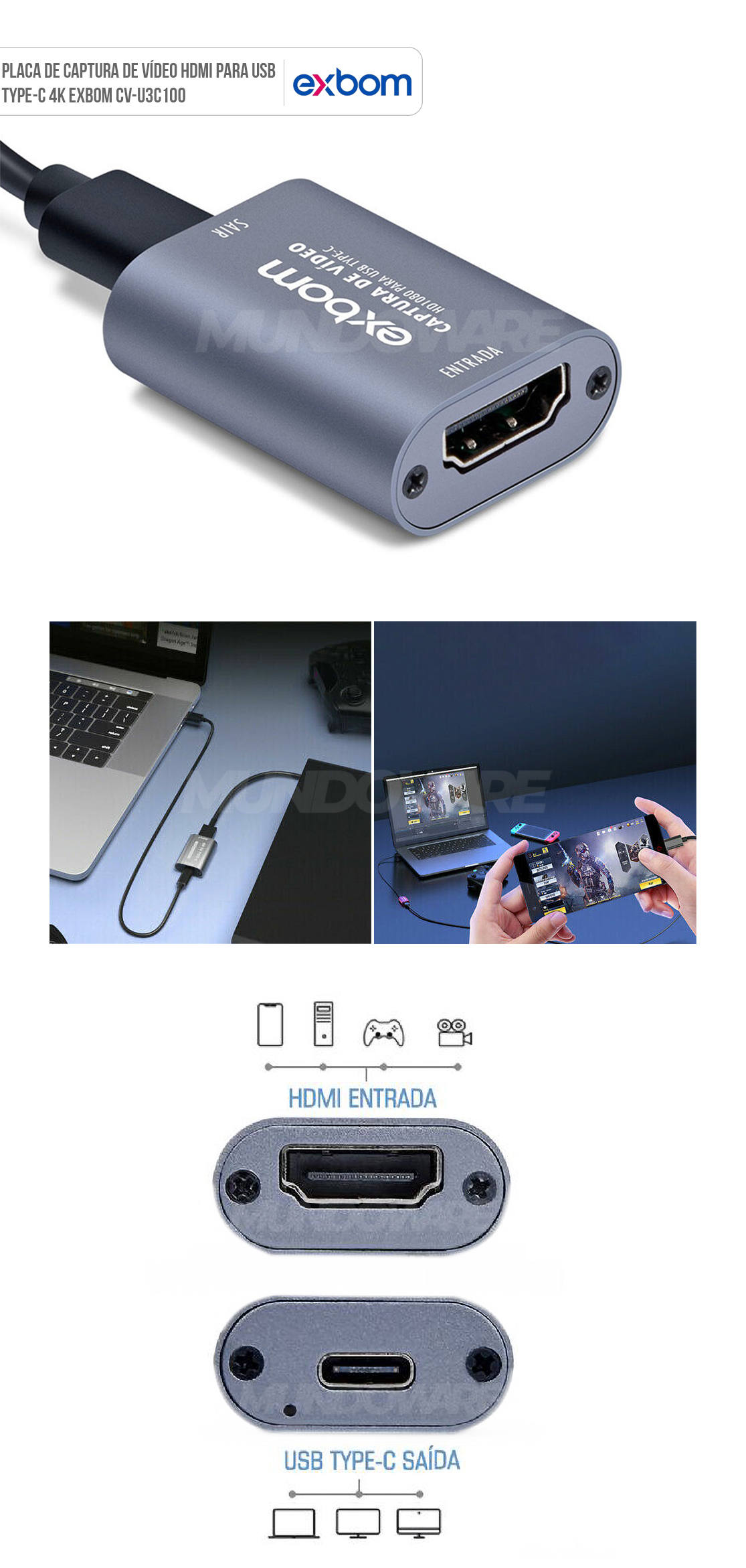 Placa de captura de vídeo HDMI para USB Type-C 4K Exbom CV-U3C100