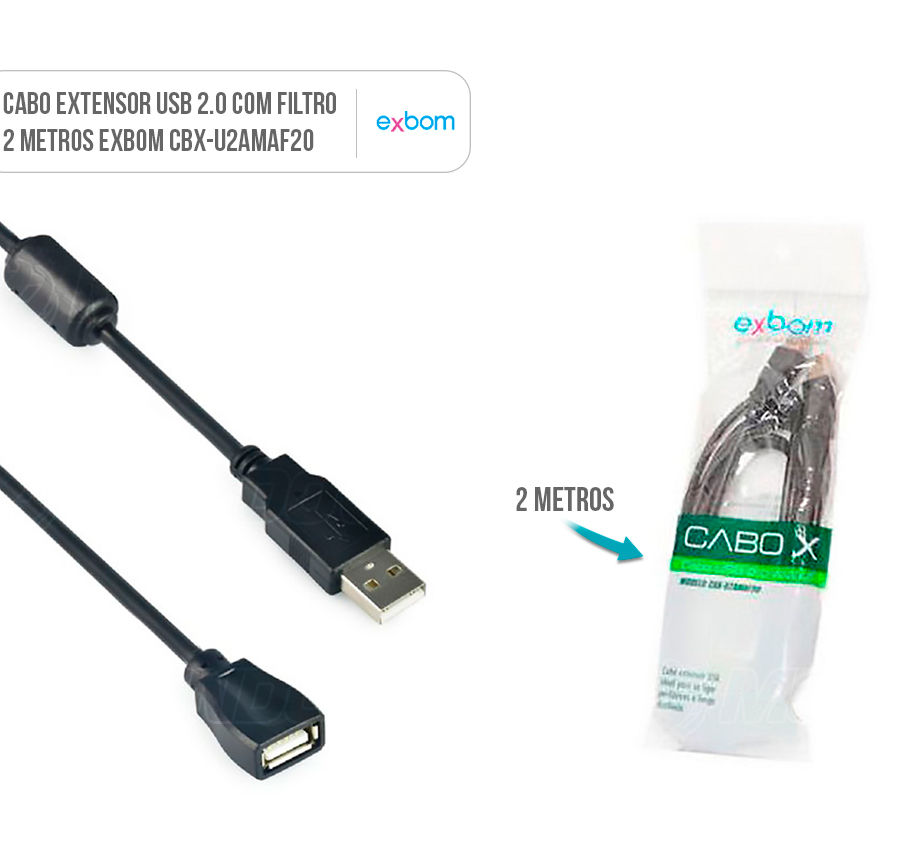 Cabo Extensor USB 2.0 com Filtro macho x fêmea com 2 metros