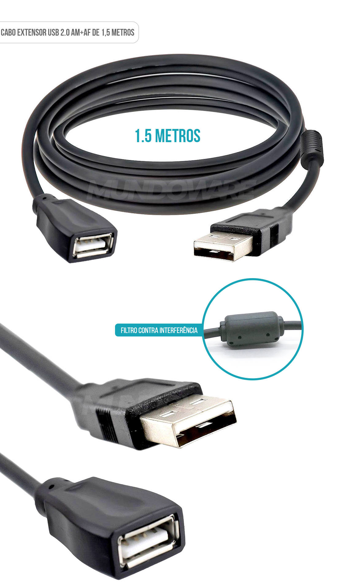Cabo Extensor USB de 1,5 Metros AM+AF Macho x Fêmea com Filtro contra Interferências NT 03507 Preto