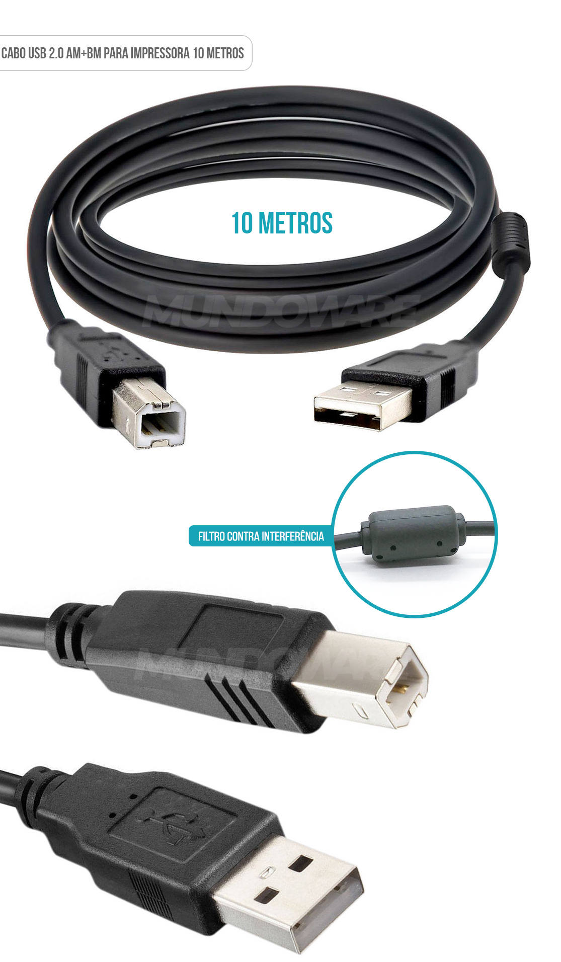 Cabo USB de 10 Metros AM+BM para Impressoras com Filtro contra Interferências NT 03940 Preto