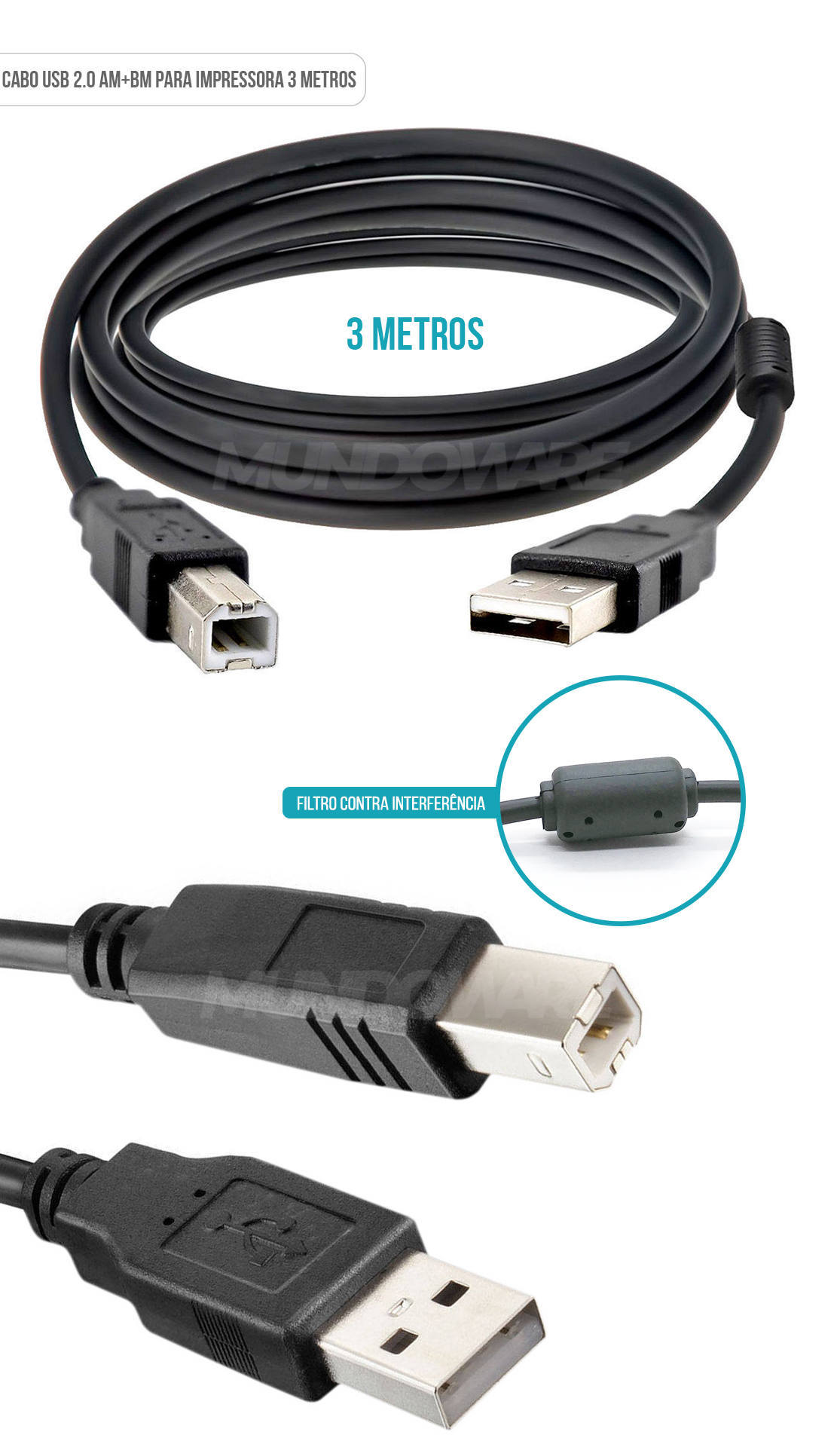 Cabo USB AM+BM de 3 Metros e Filtro contra Interferências para Impressoras NT 03935 Preto