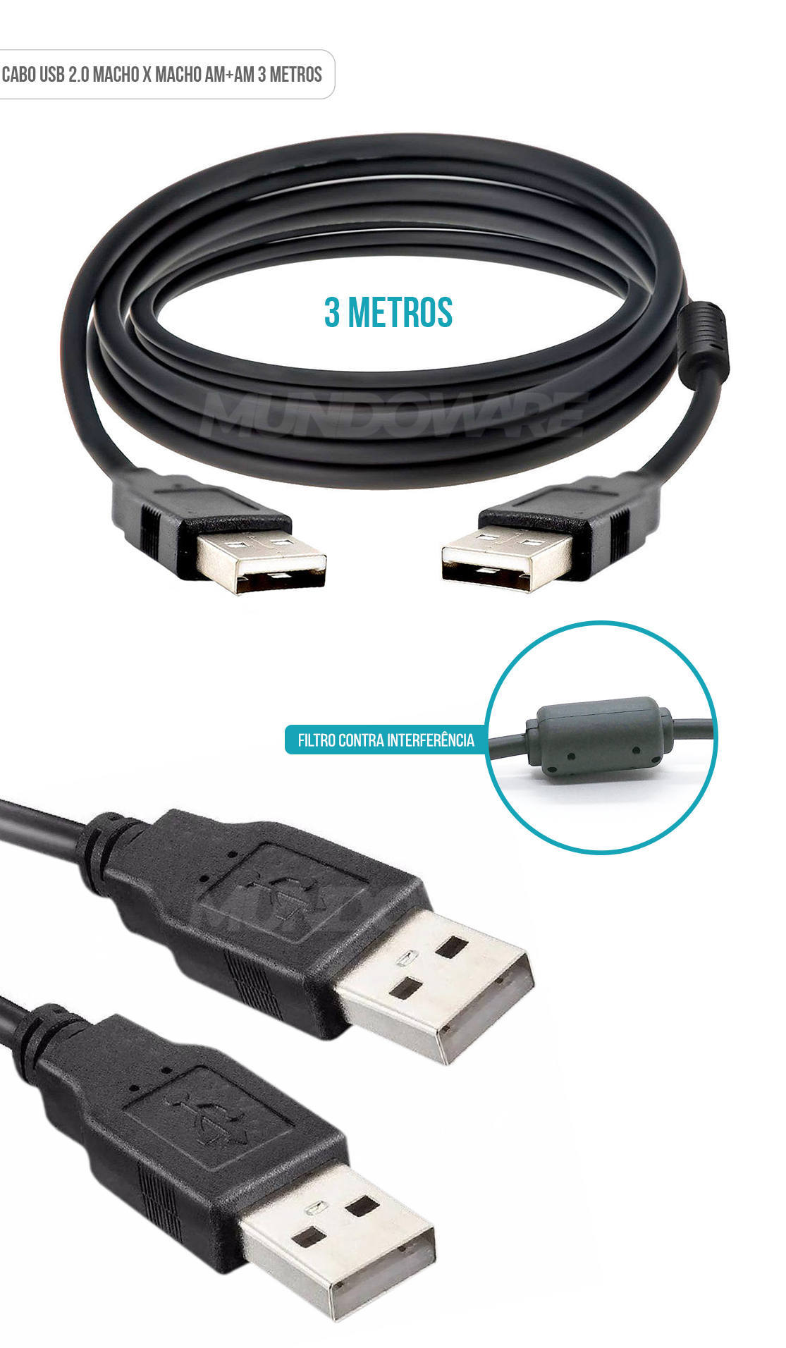 Cabo USB AM+AM com 3 Metros e Filtro contra Interferências NT 03938 Preto