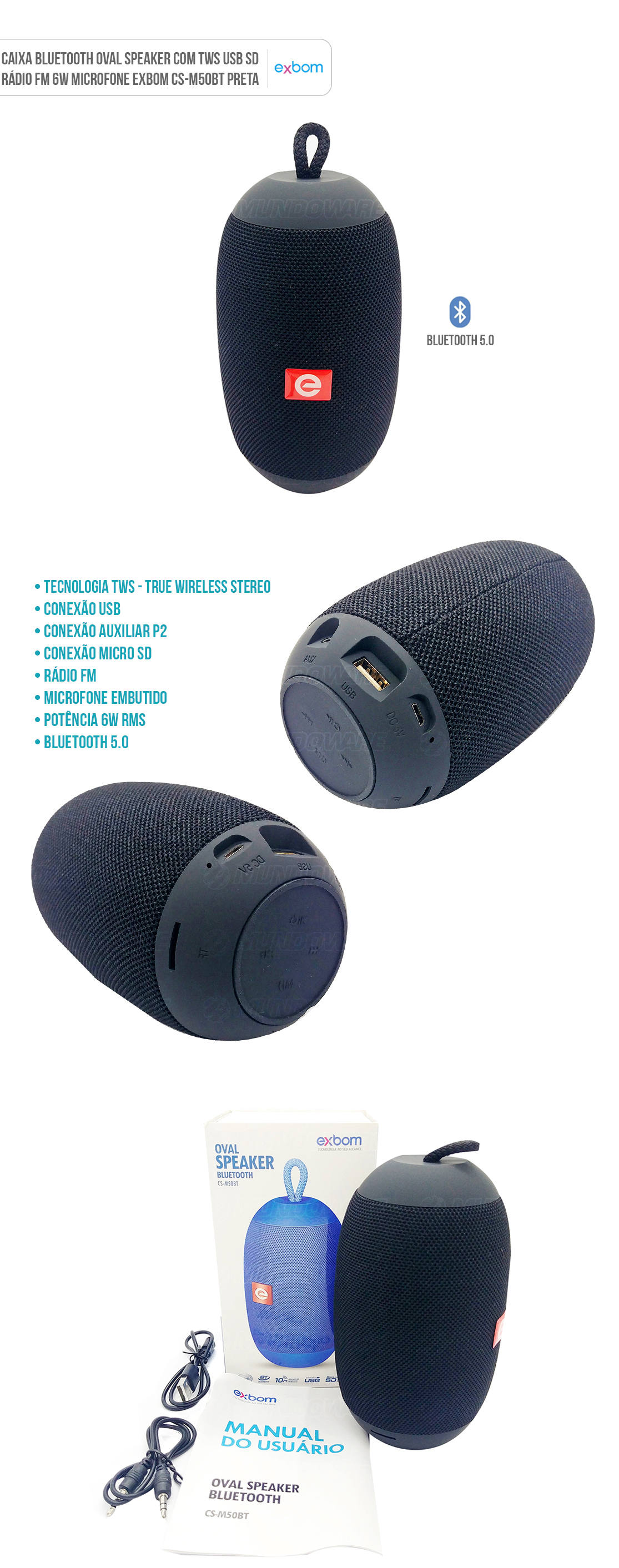 Caixa de Som Portátil Bluetooth Oval Speaker com TWS USB SD Rádio FM 6W Mic