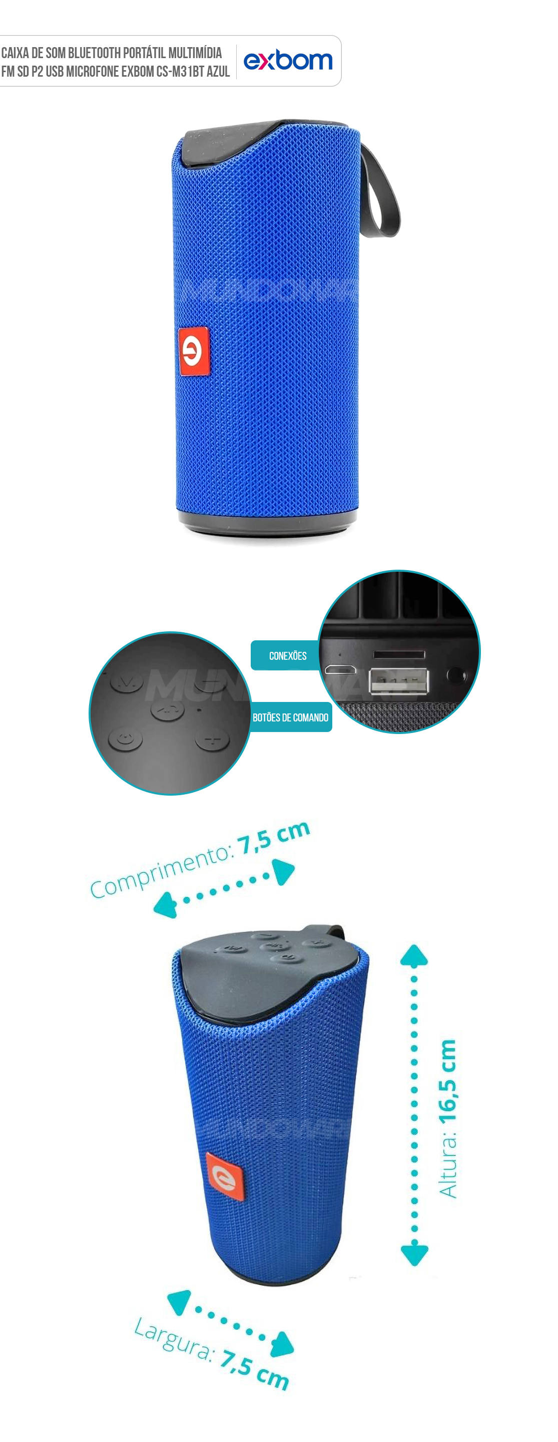 Caixa de Som Bluetooth Porttil Multimdia FM SD P2 USB Microfone Exbom CS-M31BT Azul