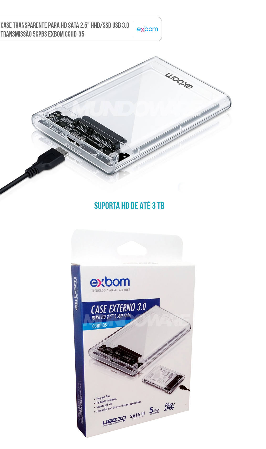 Case Externo USB 3.0 Transparente para HD 2.5 SSD SATA Exbom CGHD-35
