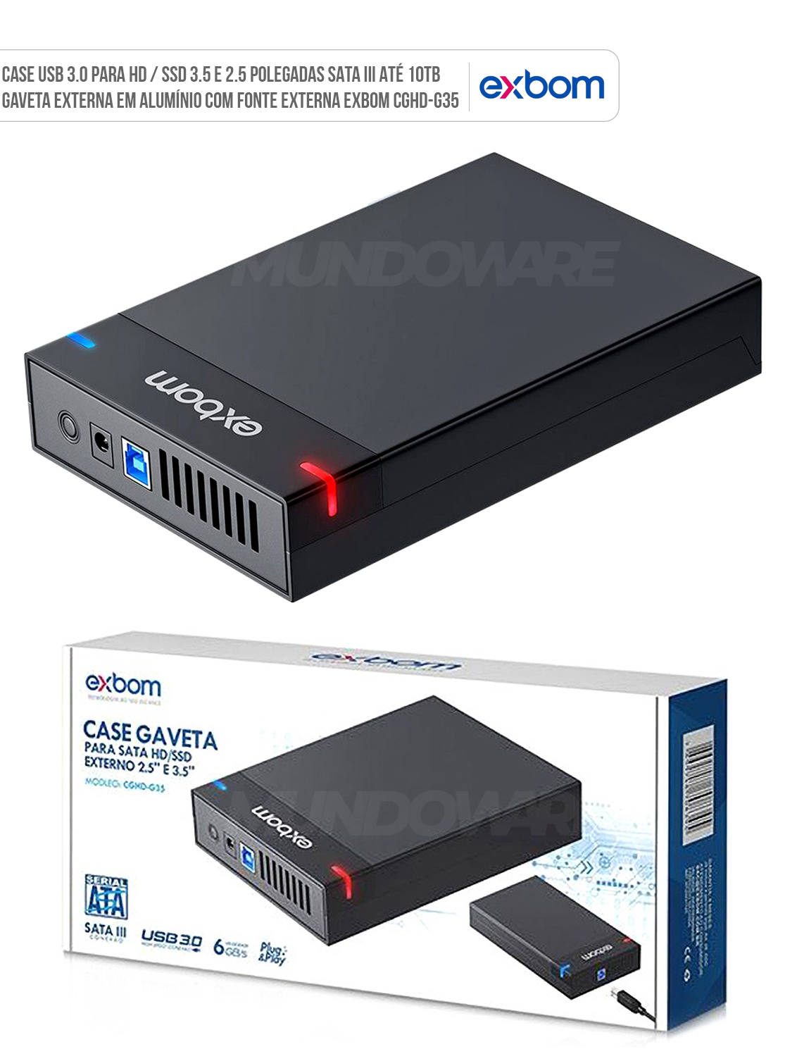Case USB 3.0 para HD 3.5 e 2.5 polegadas SATA III at 10TB Gaveta Externa em Alumnio com Fonte Externa Exbom CGHD-G35