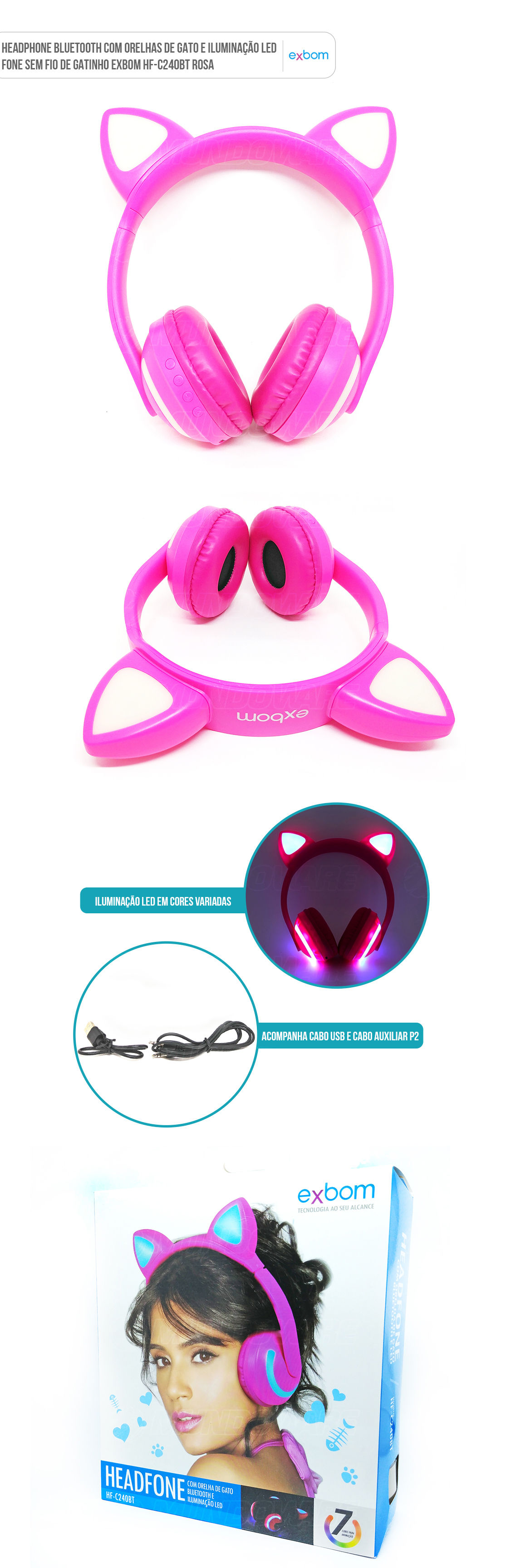 Fone Ouvido Headphone Bluetooth Sem Fio Estéreo Orelha Gato Led Infantil P2  Exbom HF-C240BT Rosa - BEST SALE SHOP