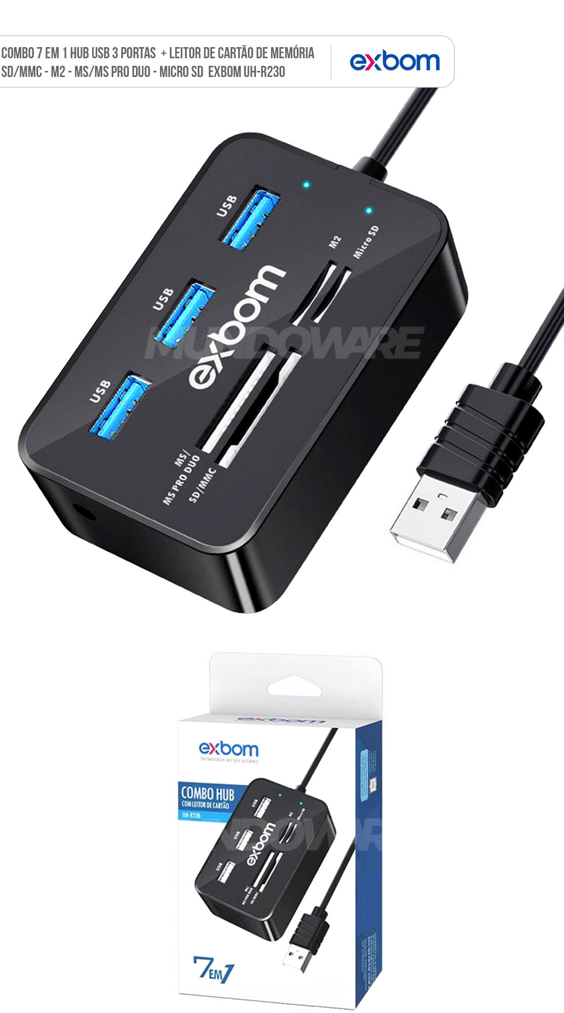 Combo Hub USB + Leitor de Cartão de Memória 7 em 1 com 3 portas USB 2.0 e Leitor de Cartão M2 MMC MS Duo SD/SDHC Micro SD Exbom UH-R230