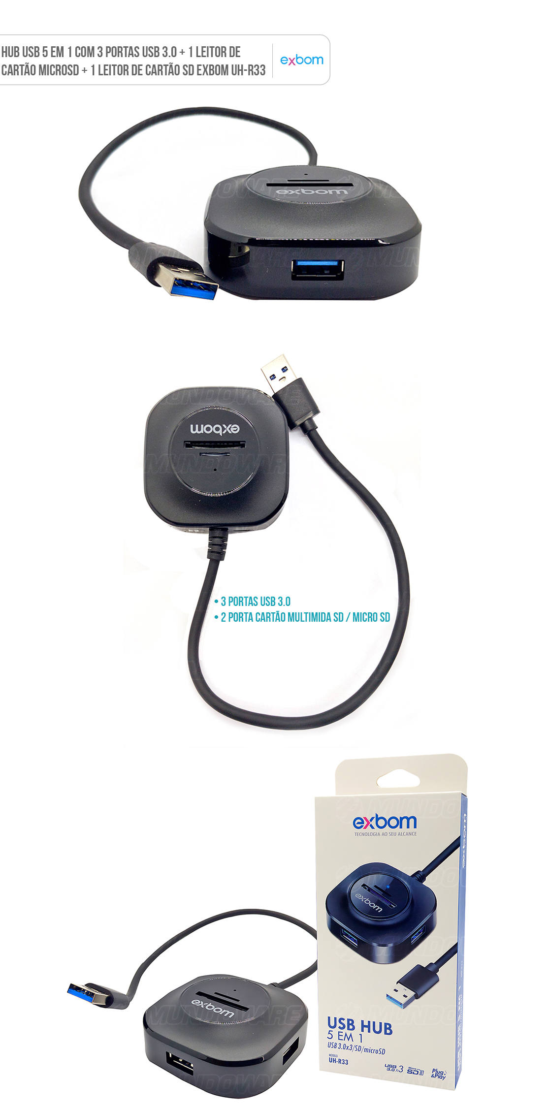 HUB USB 3.0 com 3 conexões USB e 2 para leitores de memory card SD e MicroSD UH-R33