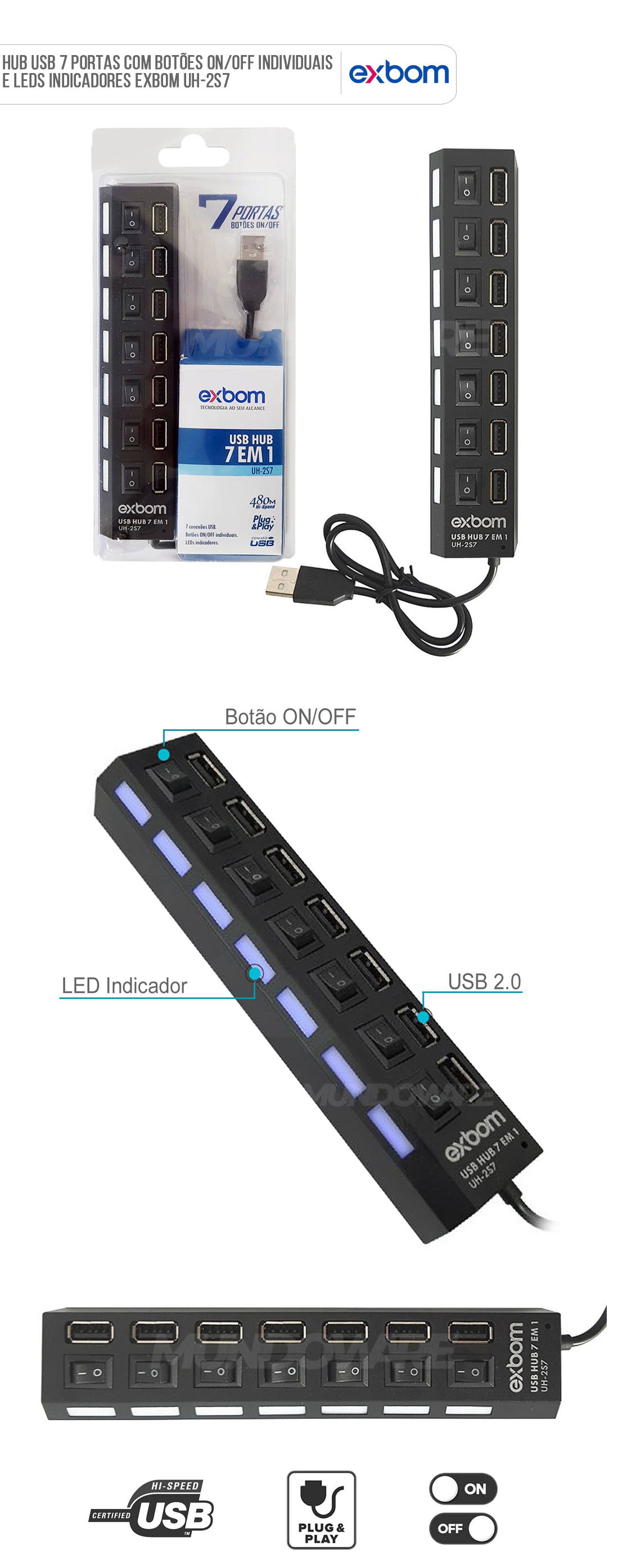Hub com 7 Portas USB 2.0 com Botões ON/OFF e LEDs Indicadores Individuais Exbom UH-2S7