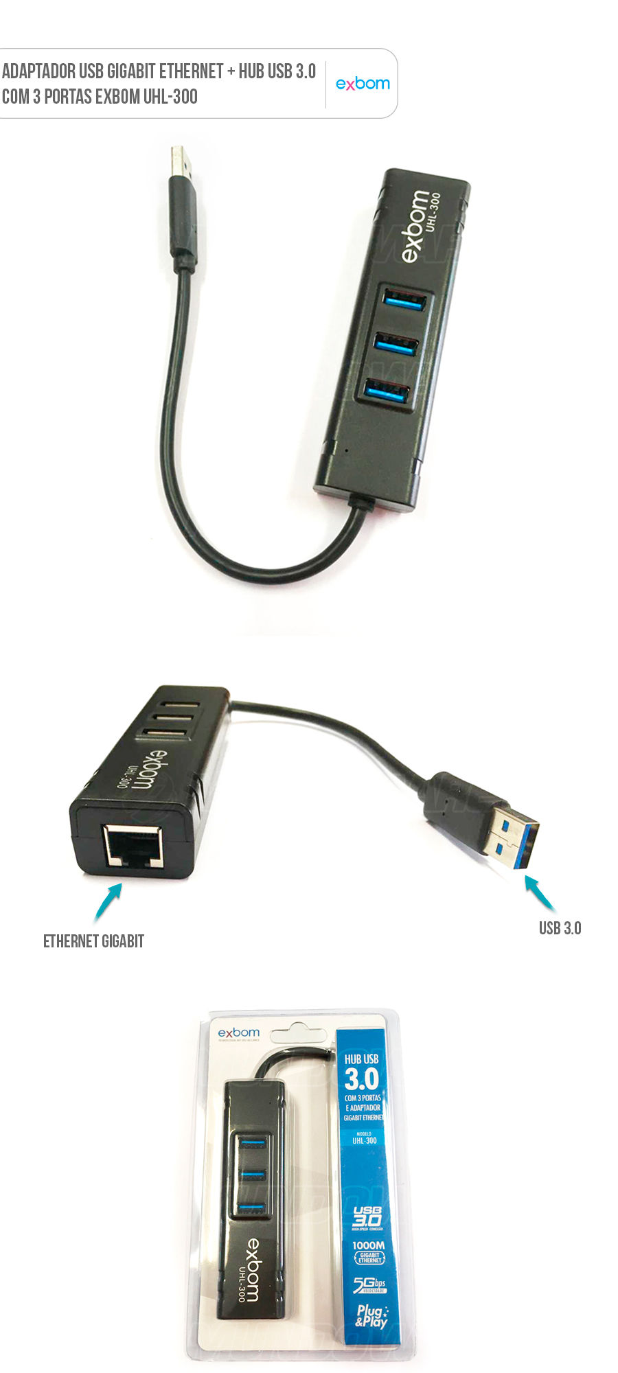 Adaptador USB Gigabit Ethernet e Hub USB 3.0 com 3 Portas