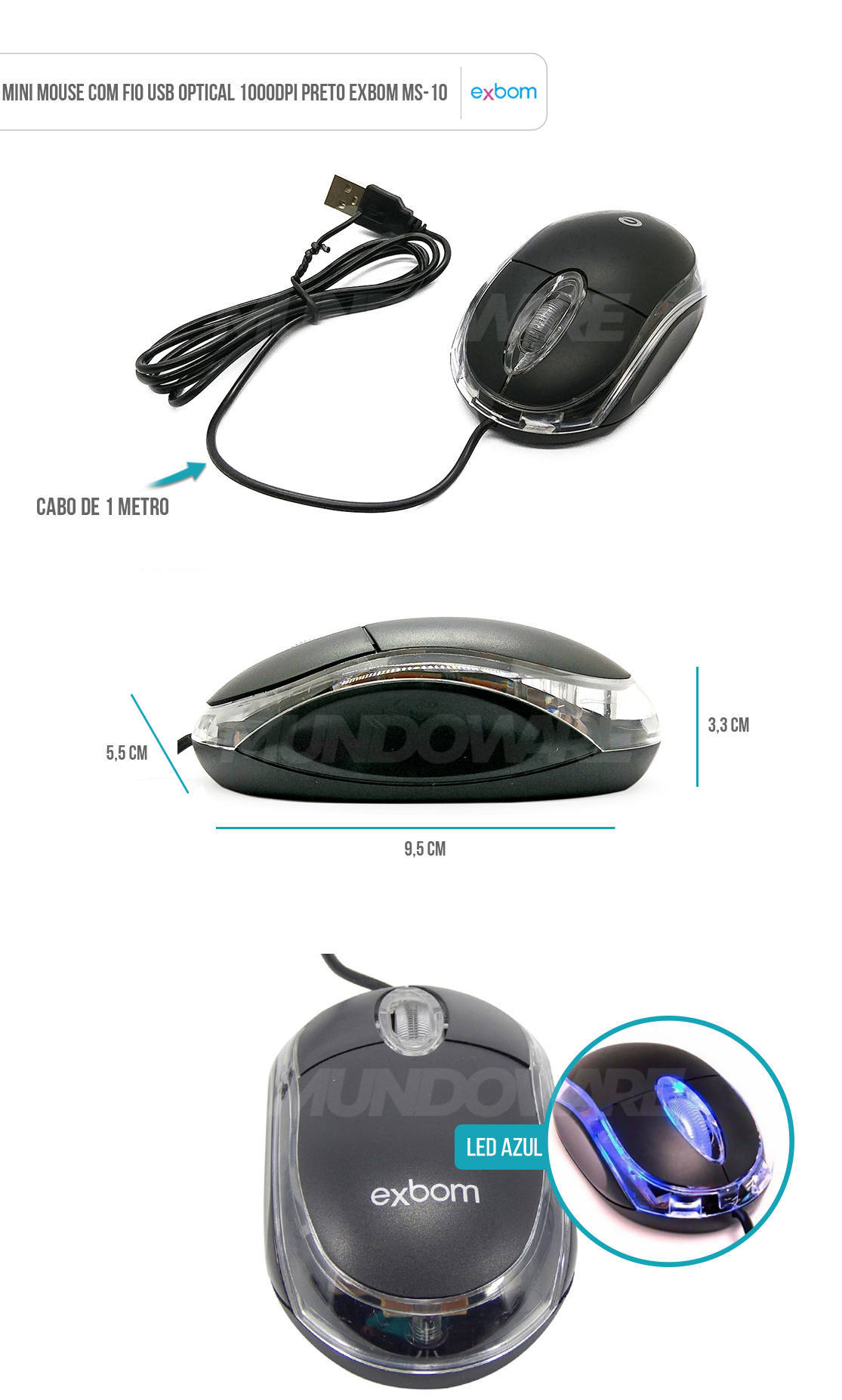 Mouse Pequeno Com Fio USB 1000dpi Óptico Borda Transparente com LED Exbom MS-10