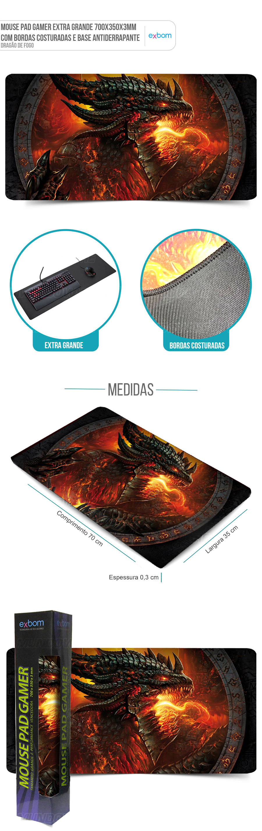 Mouse Pad Gaming Extra Grande Large Gamer Drago de Fogo