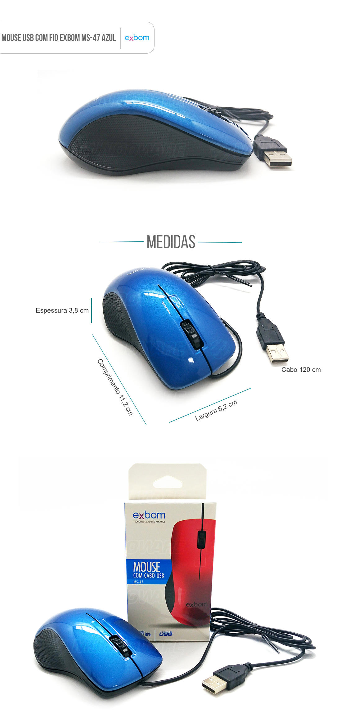 Mouse usb com fio sensor optico com scroll azul piano