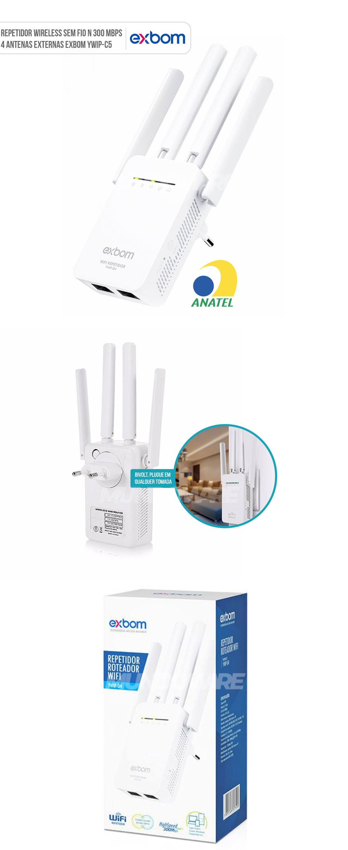 Repetidor de Sinal Wireless 300Mbps 4 Antenas Externas WiFi Estende o Alcance da Rede Sem Fio Exbom YWIP-C4