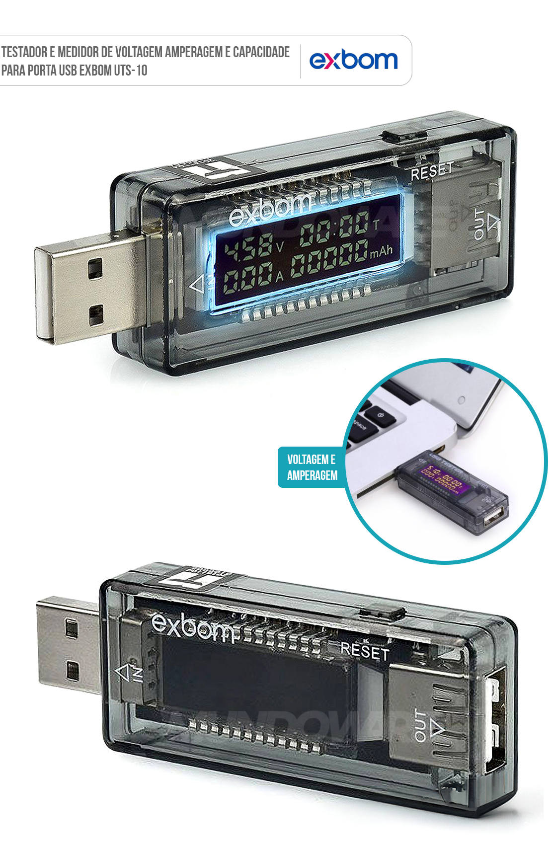 Testador e Medidor de Voltagem Amperagem e Capacidade para Porta USB Exbom UTS-10