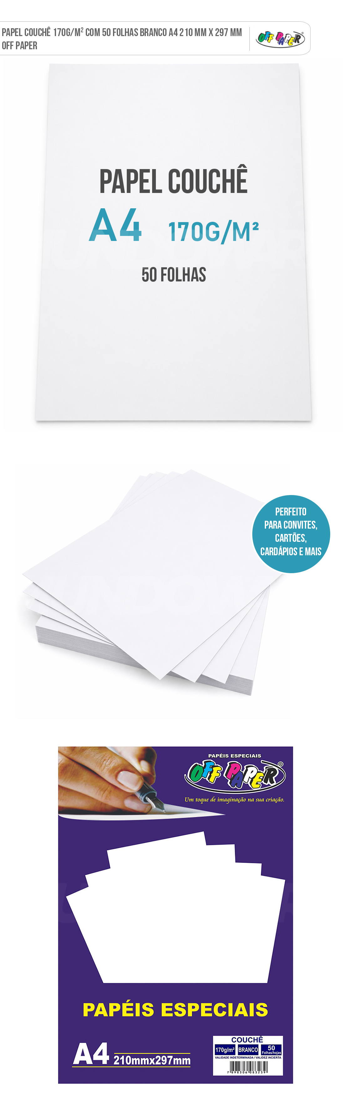 Papel Couchê 170g/m² Com 50 Folhas Branco A4 210 mm x 297 mm Off Paper