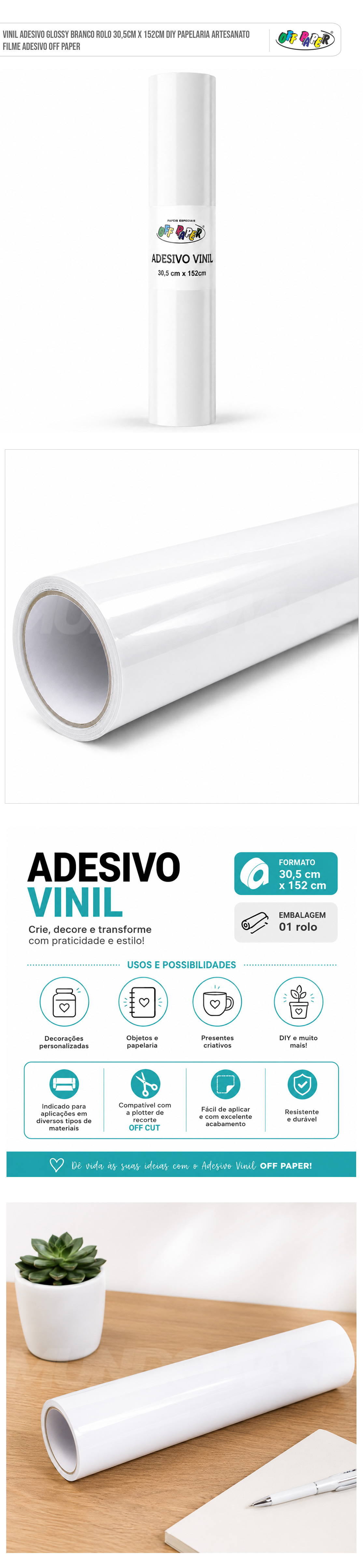 Vinil Adesivo Glossy Branco Rolo 30,5cm x 152cm DIY Papelaria Artesanato Filme Adesivo Off Paper