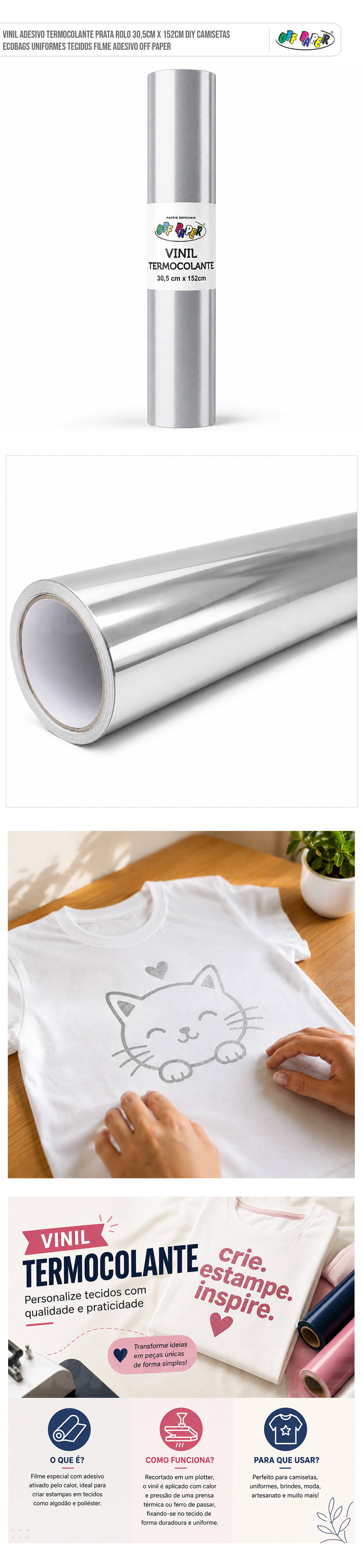 Vinil Adesivo Termocolante Prata Rolo 30,5cm x 152cm DIY Camisetas Ecobags Uniformes Tecidos Filme Adesivo Off Paper