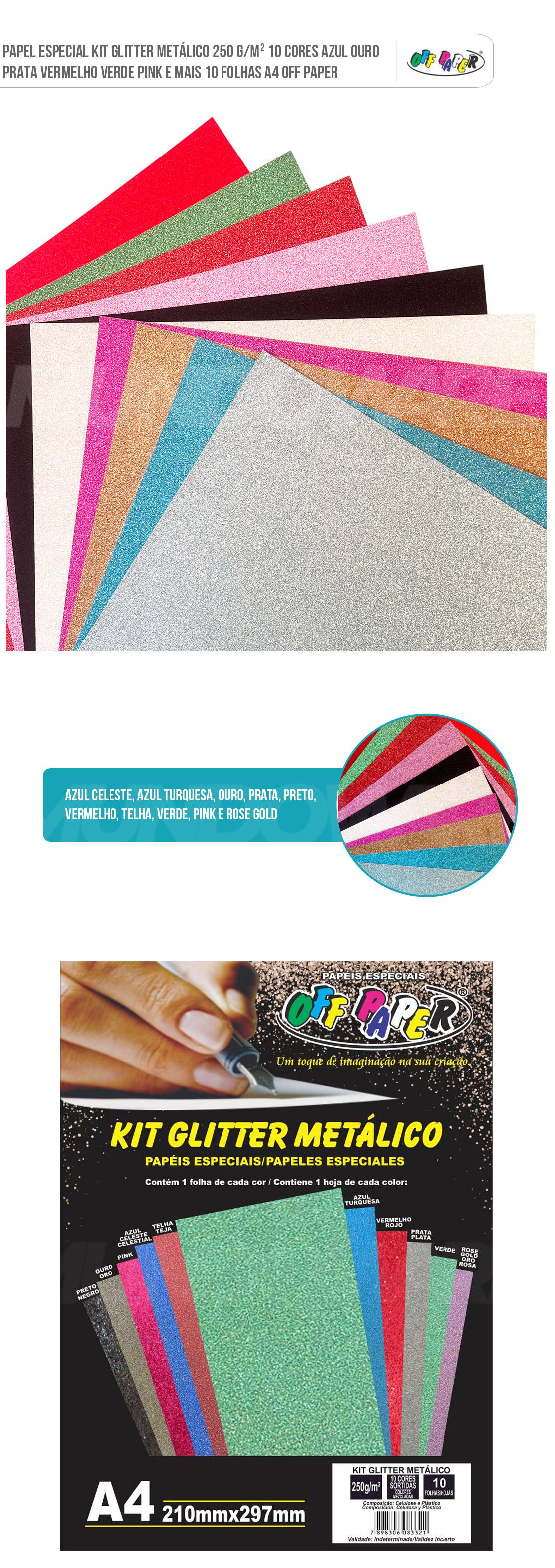Papel Especial Kit Glitter Metálico 250 g/m² 10 Cores Azul Ouro Prata Vermelho Verde Pink e Mais 10 Folhas A4 Off Paper
