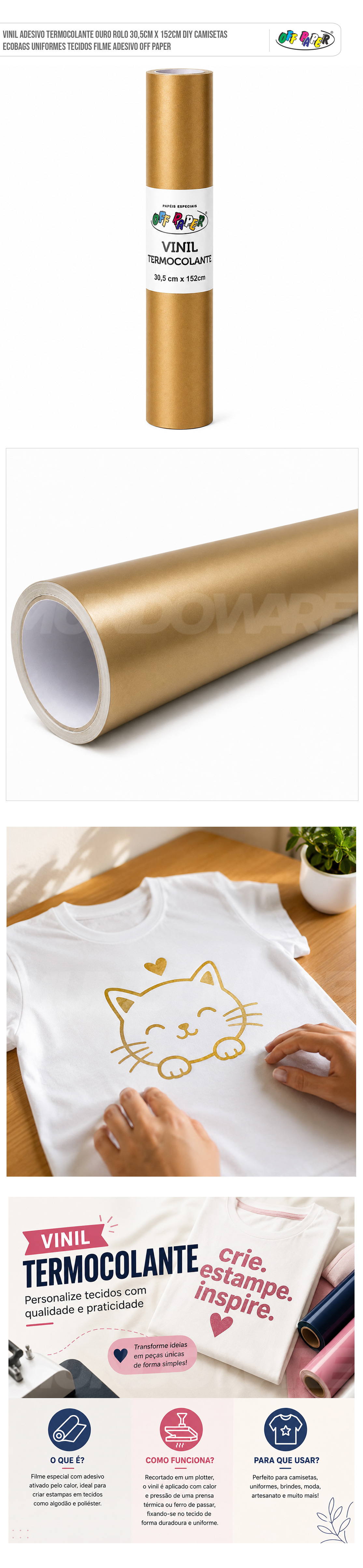 Vinil Adesivo Termocolante Ouro Rolo 30,5cm x 152cm DIY Camisetas Ecobags Uniformes Tecidos Filme Adesivo Off Paper Vinil Adesivo Termocolante Ouro Rolo 30,5cm x 152cm DIY Camisetas Ecobags Uniformes Tecidos Filme Adesivo Off Paper