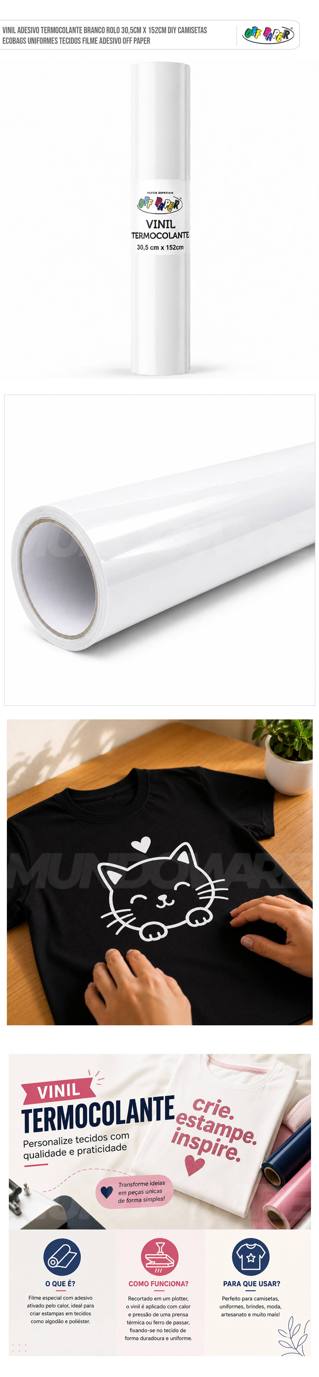 Vinil Adesivo Termocolante Branco Rolo 30,5cm x 152cm DIY Camisetas Ecobags Uniformes Tecidos Filme Adesivo Off Paper
