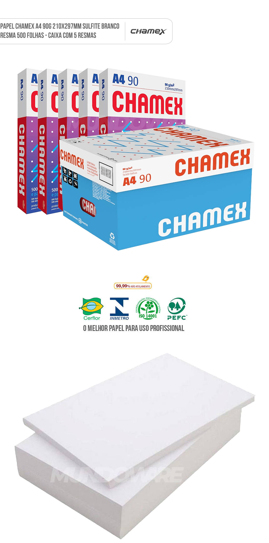 Papel Chamex Super A4 90g 210x297mm Branco Sulfite Caixa com 5 Resmas com 500 folhas cada