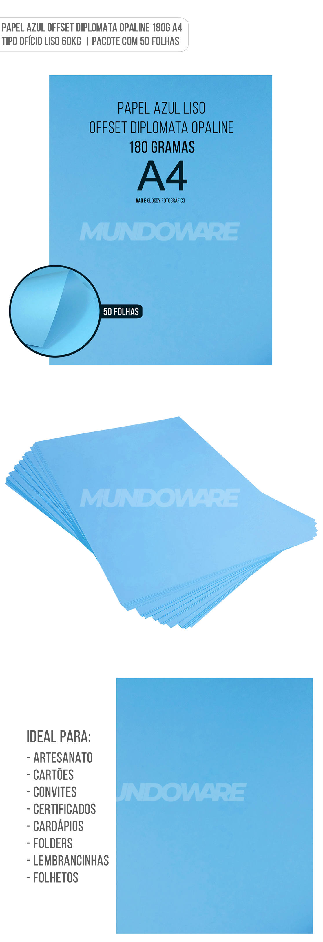 Papel Azul Offset Diplomata Opaline 180g A4 Tipo Ofício Liso 60kg Pacote com 50 folhas