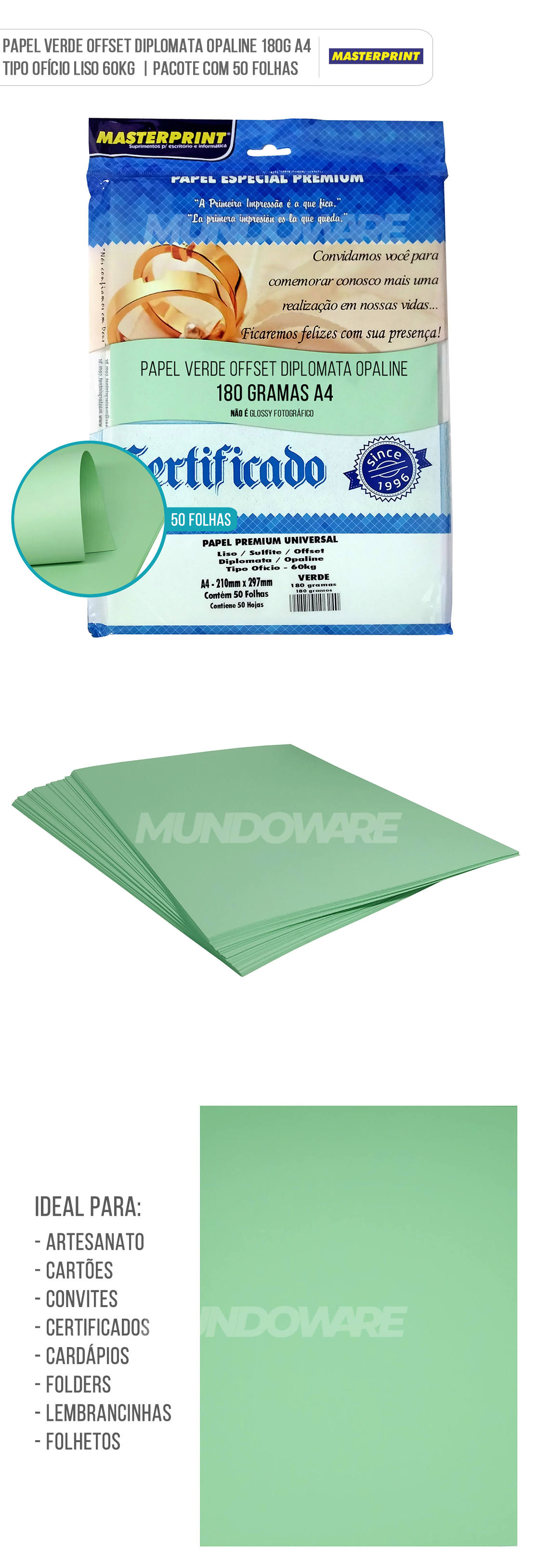 Papel Verde Opaline Diplomata Offset 180g A4 Masterprint 50 Folhas Mundoware 9523