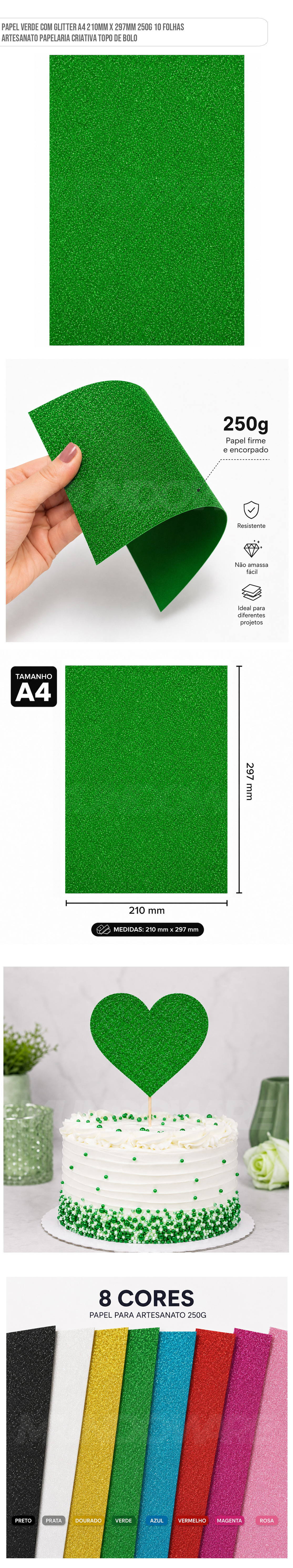 Papel Verde Com Glitter A4 210mm x 297mm 250g 10 Folhas Artesanato Papelaria Criativa Topo de Bolo