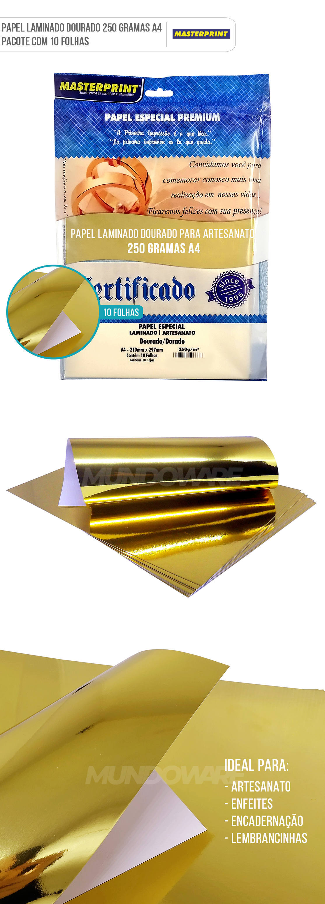 Papel Laminado Dourado A4 250g para Artesanato Enfeites Lembrancinhas Pacote com 10 Folhas Masterprint