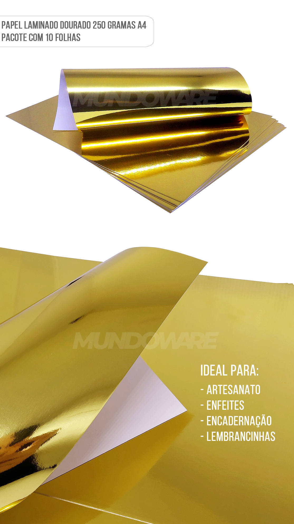 Papel Laminado Dourado A4 250g para Artesanato Enfeites Lembrancinhas Pacote com 10 Folhas