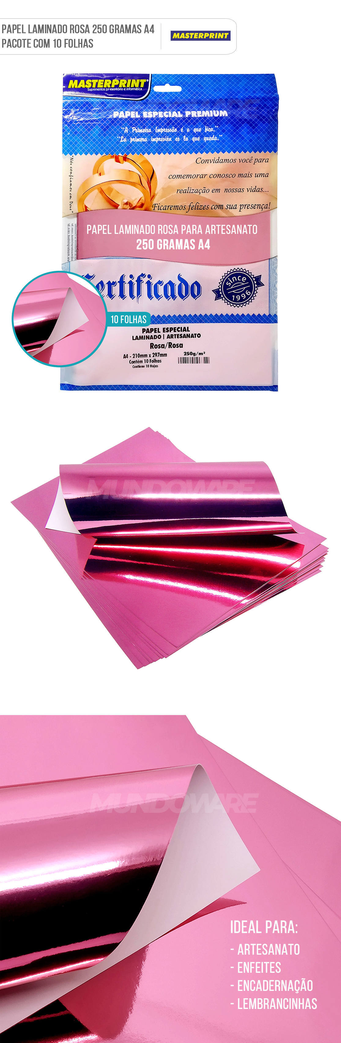 Papel Laminado Rosa A4 250g para Artesanato Enfeites Lembrancinhas Pacote com 10 Folhas Masterprint